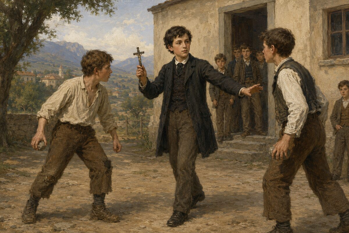 Illustration of Dominic Savio holding up a crucifix as he steps between two boys preparing to fight